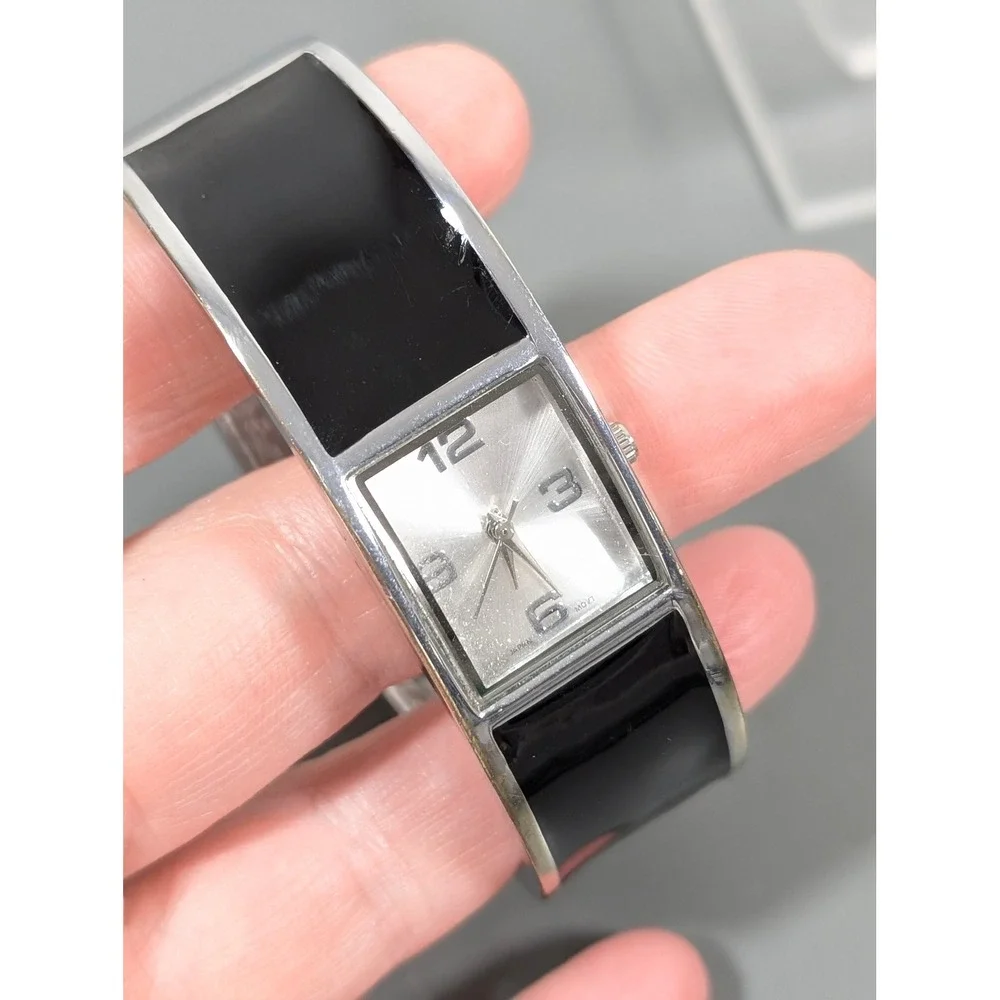 Chico's Black Enamel Watch Silver Tone Hinged Bangle Cuff Statement Working 6.5